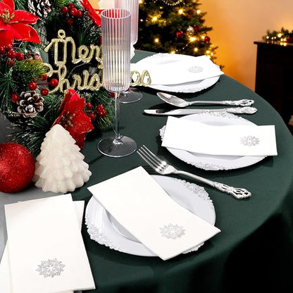 50 Pack Christmas Snowflake Paper Napkins - Cloth-like Christmas Disposable Hand Towels, Silver Premium Quality Xmas Dinner Napkin for Home Kitchen Table Bathroom Holiday Decor