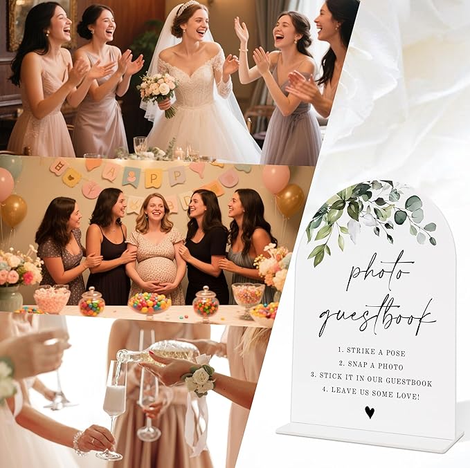 Wedding Signs for Reception, Green Leaves Photo Guestbook Sign, Wedding Reception Signage, Bridal Shower Table Decorations with Base, Supplies for Proposal, Bridal Shower Events and Ceremony, 09