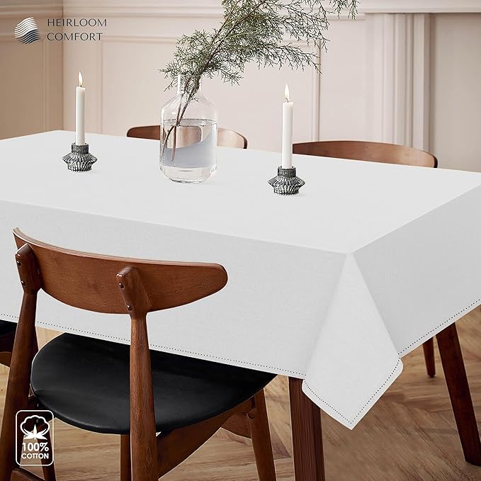White Tabletop Tablecloth, 60x86 Inch, 100% Cotton, Fits 6-8 Seats, Washable, Soft, Durable, Wrinkle Resistant, Rectangle Table Cover for Dining, Weddings, Holiday Celebrations