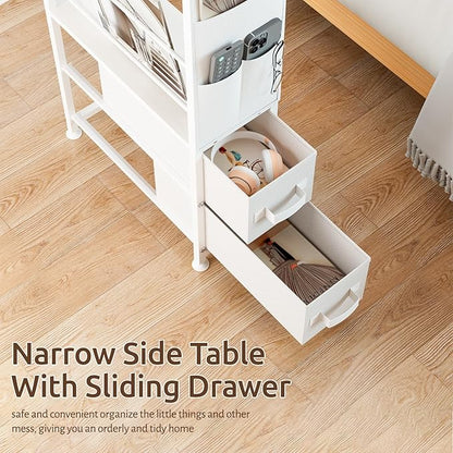 2 Drawer Small Narrow Side End Table for Small Spaces, Slim Nightstand Bedside Sofa Table with Wheels, Space Saving Skinny Thin Couch Desk with Storage Bag for Bedroom Living Room Bathroom,White