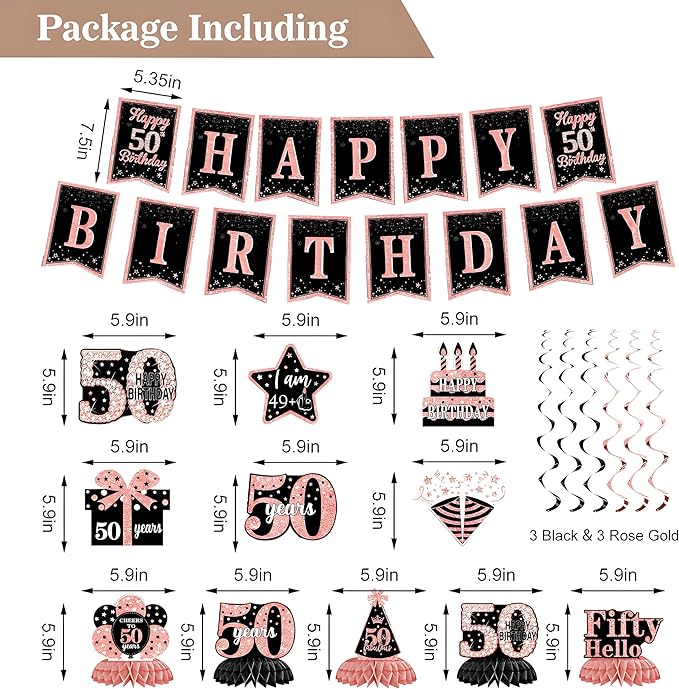 50th Birthday Decorations for Women - Rose Gold Crown Kit with Happy Birthday Banner, Foil Balloons, Backdrop, Sash & More - High - Quality, Diverse Party Items for Effortless Setup