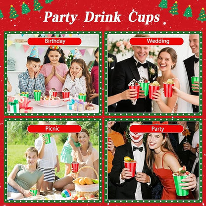 KesaPlan 100PCS 12oz Disposable Plastic Cups, Red and Green Christmas Party Drinking Cups, Xmas Holiday Supplies