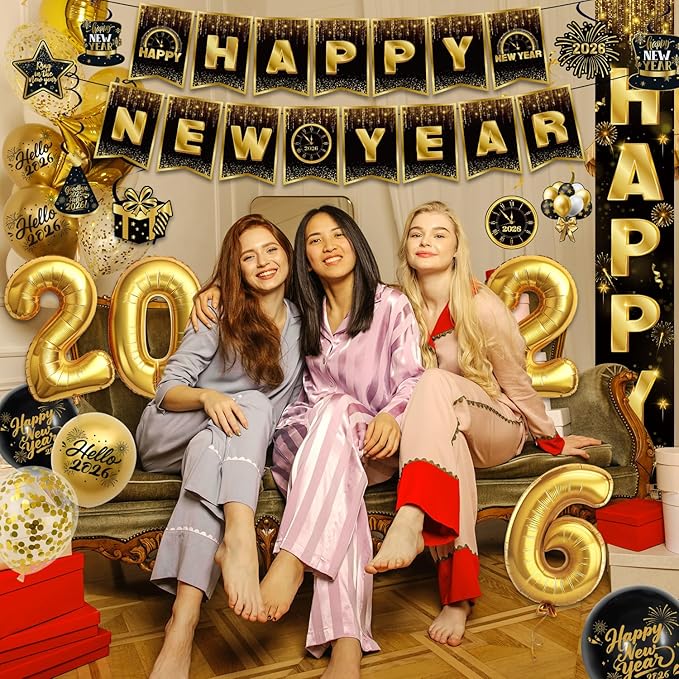New Years Decorations 2026 - Happy New Years Eve Party Supplies Include Banner, Backdrop, Door Banner, Foil 2026 Balloons, Latex Balloons, Swirls for NYE Party Decorations