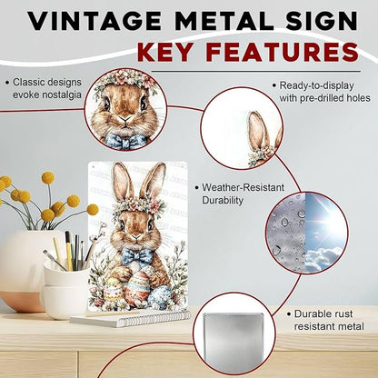 Easter Rabbit Vintage Tin Sign Bunny Decor Metal Sign For Home Bedroom Living Room Wall Plaque 8x12Inch