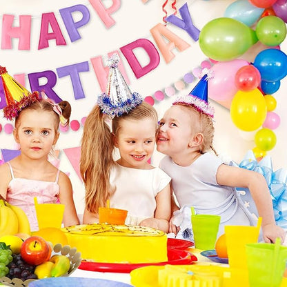 CANREVEL Pre-Strung 3D Happy Birthday Banner, 3 PCS Pink and Purple Happy Birthday Felt Garland, Pom Pom Garland, Triangle Fabric Bunting, Reusable Purple and Pink Decorations for Girls Women