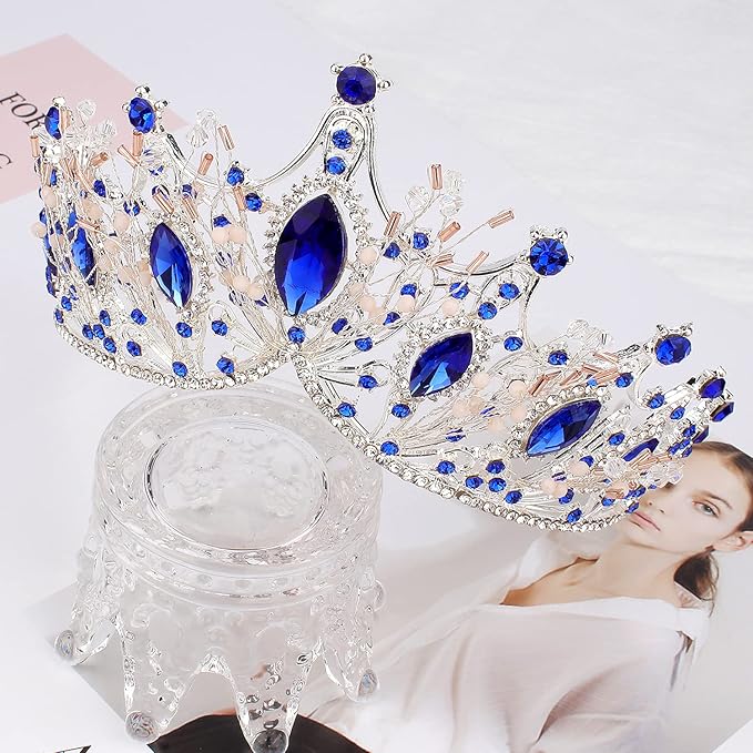 COCIDE Silver Tiara and Crown for Women Blue Gem Rhinestone Baroque Queen Headband for Girl Crystal Mermaid Princess Hair Accessories for Bride Birthday Party Bridesmaids Halloween Costume Cosplay