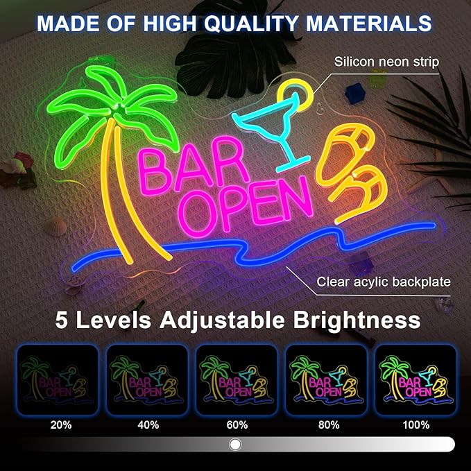Lucunstar Neon Bar Sign LED Beer Sign USB Powered with Coconut Tree Slipper Wine Glass Bar Open Light Up Pub Party Man Cave Vacation Hotel LED Beer Neon Light Art Decor Gifts for Birthday Christmas