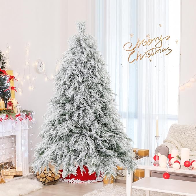 GOFLAME 6ft Pre-Lit Christmas Tree Snow Flocked, Hinged Artificial Xmas Tree with 519 Branch Tips, 250 Warm White LED Lights, Willow Leaves, Holiday Decoration Tree for Home Office Party