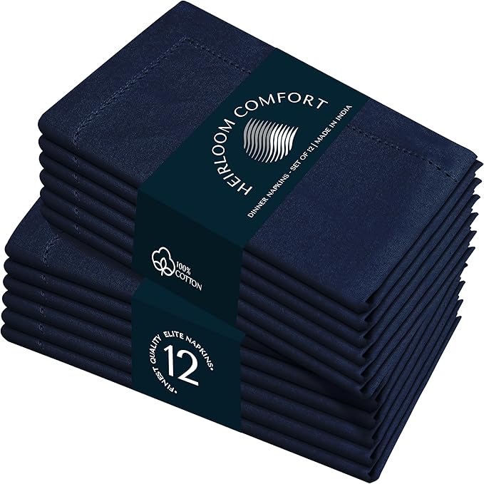 Navy Blue Cloth Napkins 18x18 Inch - Set of 12-100% Cotton, Soft, Absorbent, Washable, Reusable - Elegant Table Linen with Hemstitch Mitered Edges for Weddings, Dinner, Holiday