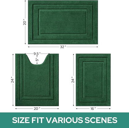 HOMEIDEAS Bathroom Rugs Sets 3 Piece, Super Soft and Absorbent Non Slip Microfiber Toilet Bath Mat with U-Shaped (Dark Green)