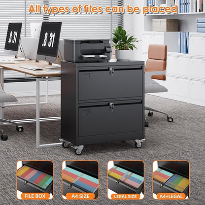 METAN Upgrade 2 Drawers Lateral File Cabinet on Wheels,Steel Office Filing Storage Cabinet with 2 Locks,Assembly Required,Black