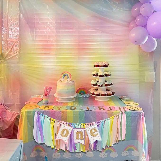 Rainbow High Chair Banner 1st Birthday - Sweet One Highchair Banner, Pastel Rainbow Ribbon Garland Decor for First Birthday Party, Smash Cake, Photo Props