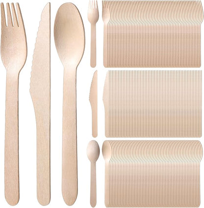 500 Pieces Compostable Cutlery Set, Wooden Utensils Set, 200 Spoons, 200 Forks, 100 Knives, Sturdy Wood Disposable Wooden Cutlery, Eco-Friendly Utensils for Party