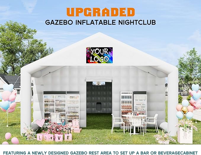 SPECRAFT 39x20x14 FT Large Inflatable Nightclub Tent for Adults with Pavilion Rest Area, Black Inflatable Night Club Gazebo with 2 Side Doors & Logo Area for Wedding, Birthday, Backyard Events, White