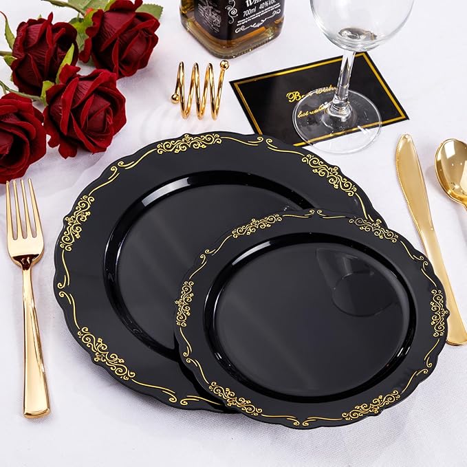 U-QE 100PCS Black Gold Plastic Plates - Heavy Duty Disposable Plates Including 50PCS 10'' Dinner & 50PCS 7.5'' Dessert Plates - Hard Plastic Plate for Party & Wedding