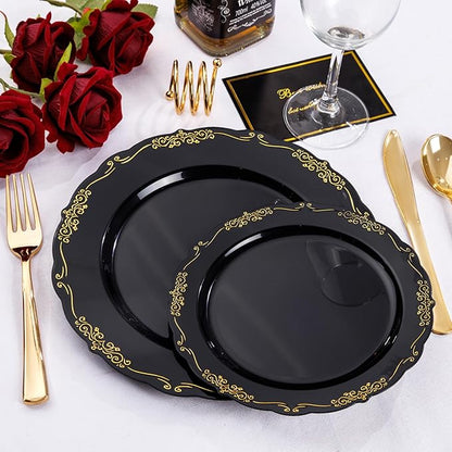 U-QE 100PCS Black Gold Plastic Plates - Heavy Duty Disposable Plates Including 50PCS 10'' Dinner & 50PCS 7.5'' Dessert Plates - Hard Plastic Plate for Party & Wedding