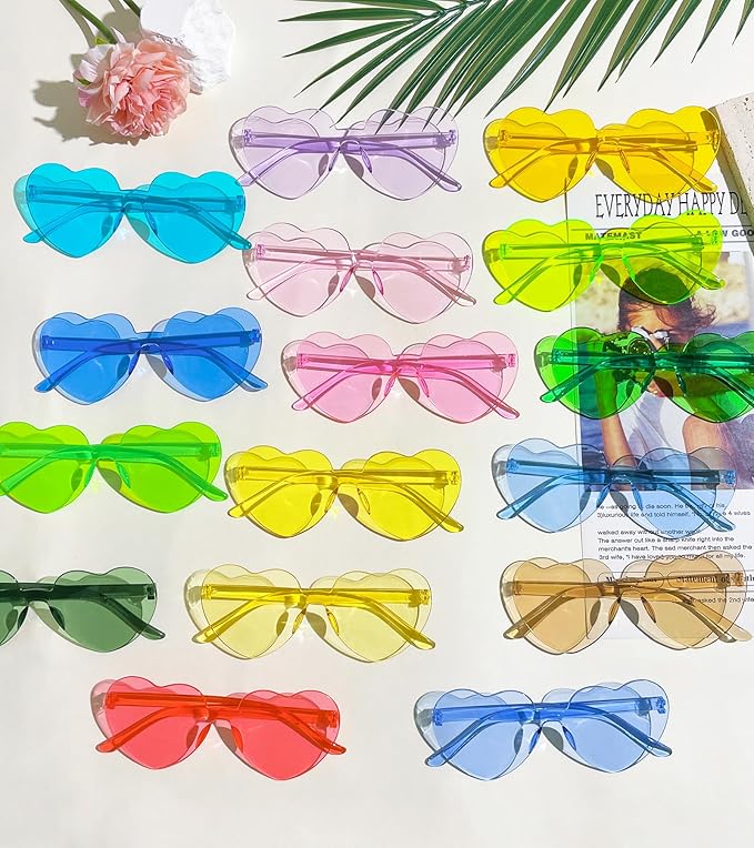 SUNOVELTIES 48 Pcs Heart Shaped Rimless Sunglasses Bulk Light Candy Color Frameless Glasses Colorful Party Eyewear for Women
