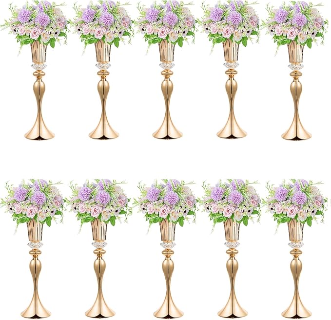 10Pcs/Set Flower Centerpiece Table Decorations Gold Trumpet Vases with Crystal Bead for Wedding Centerpieces Birthday Party Event Home Decor