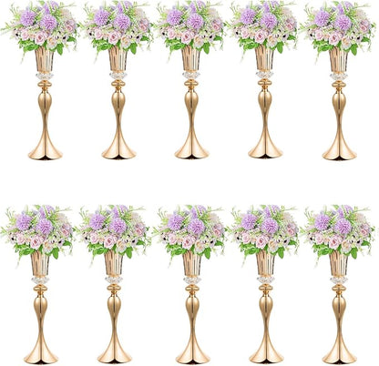 10Pcs/Set Flower Centerpiece Table Decorations Gold Trumpet Vases with Crystal Bead for Wedding Centerpieces Birthday Party Event Home Decor
