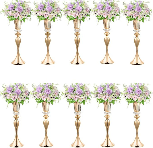 10Pcs/Set Flower Centerpiece Table Decorations Gold Trumpet Vases with Crystal Bead for Wedding Centerpieces Birthday Party Event Home Decor