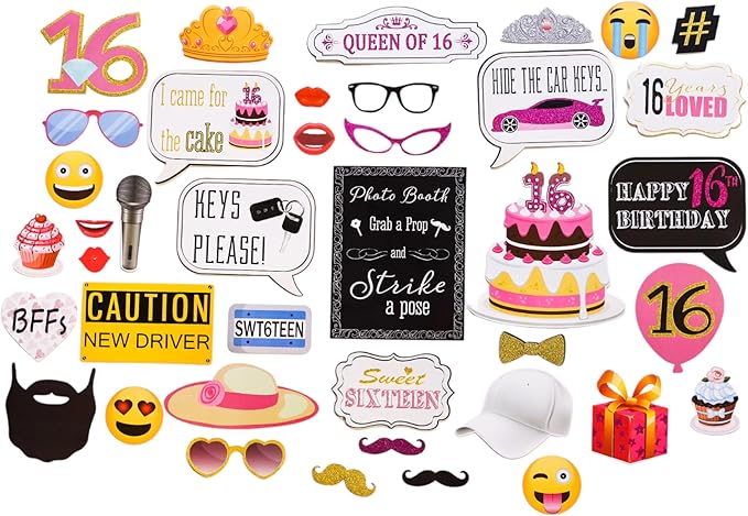 Sweet 16 Photo Booth Props - 41-pc Selfie Props with 8 x 10-Inch Sign, 60 Adhesive Pads, 45 Sticks - Sweet 16 Accessories - Photo Booth for Sweet 16-16th Birthday Photo Booth Props