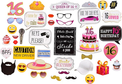 Sweet 16 Photo Booth Props - 41-pc Selfie Props with 8 x 10-Inch Sign, 60 Adhesive Pads, 45 Sticks - Sweet 16 Accessories - Photo Booth for Sweet 16-16th Birthday Photo Booth Props