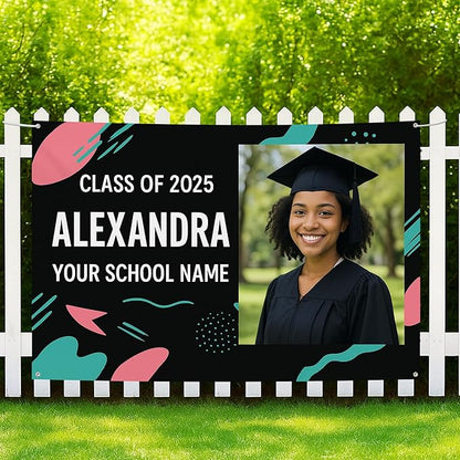 Custom Graduation Banner Class of 2025 with Photo and Name – Personalized Congrats Sign for High School or College Seniors – Indoor Outdoor Graduation Party Decoration
