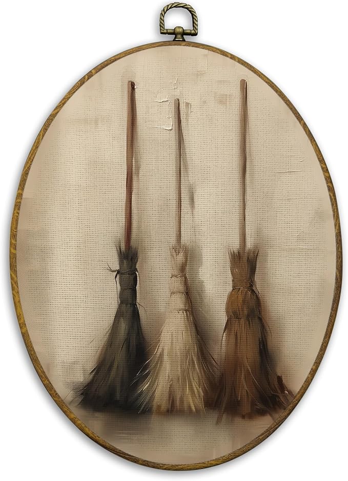 CUANFDDSF Vintage Rustic Farmhouse Oval Wall Art Decor, Rustic Moody Witch Broom Wall Hanging Decor, Gothic Witchy Country Framed Canvas Prints for Home Bedroom Living Room, 8.6x11.4 Inch