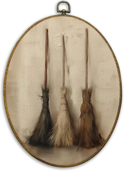 CUANFDDSF Vintage Rustic Farmhouse Oval Wall Art Decor, Rustic Moody Witch Broom Wall Hanging Decor, Gothic Witchy Country Framed Canvas Prints for Home Bedroom Living Room, 8.6x11.4 Inch