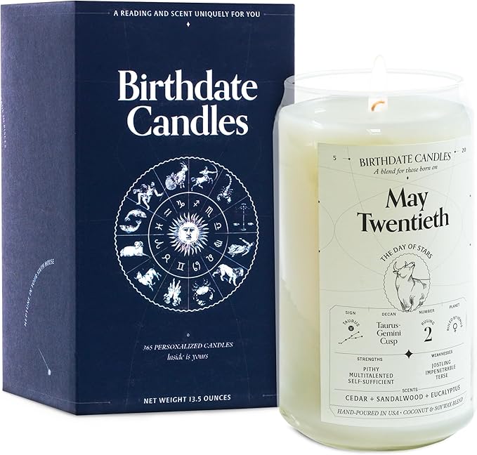 Birthdate Candles, May 20 - Taurus Zodiac Scented Candles Birthday Gift - Cedar, Sandalwood & Eucalyptus Scent - All-Natural Soy & Coconut Wax, 60-80 Hour Burn Time - Made in USA