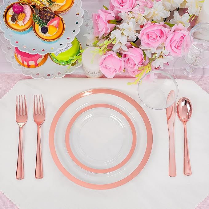 Liacere 350PCS Rose Gold Plastic Plates - Clear with Rose Gold Rim for 50Guests Dinnerware - Include 100 Plates disposable 150 PCS Silverware 50 Napkins for Wedding ＆ Party & Valentine’s Day