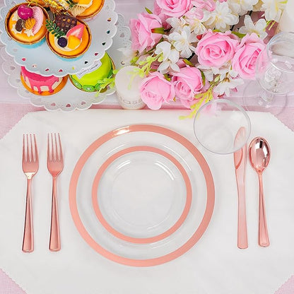 Liacere 350PCS Rose Gold Plastic Plates - Clear with Rose Gold Rim for 50Guests Dinnerware - Include 100 Plates disposable 150 PCS Silverware 50 Napkins for Wedding ＆ Party & Valentine’s Day