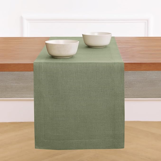 Solino Home Linen Table Runner 48 Inches - 100% Pure Linen Oil Green Table Runner 14 x 48 Inch Ideal for Dresser and Coffee Tables - Fall, Autumn, Christmas, New Year - Fete