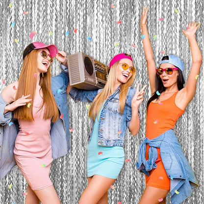 4 Pack Silver Fringe Curtain Backdrop 3.2Ft x 8.2Ft Metallic Tinsel Foil Fringe Streamers Background for Photo Booth Mother's Day, Easter, Carnival, Birthday, Wedding Party Decoration