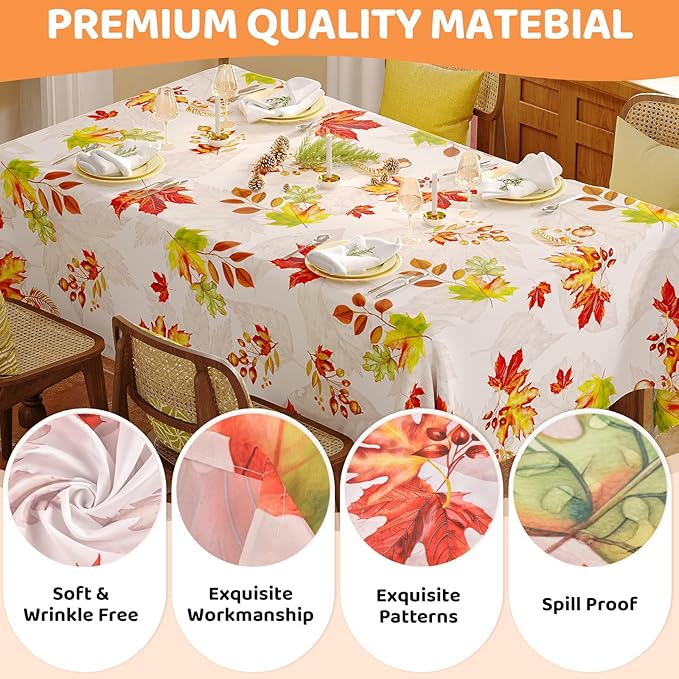 Fall Rectangle Tablecloth 60 x 102 Inch, Thanksgiving Autumn Harvest Maple Leaves Table Cloth, Spill Proof Wipeable Washable Rectangular Table Covers for Party Picnic Dinner Decor