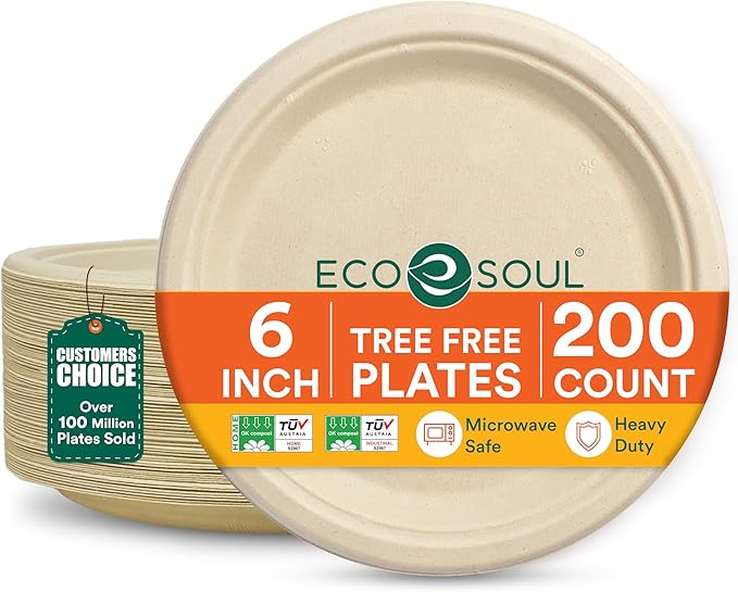 ECO SOUL Compostable Paper Plates 6 Inch (200 Count) Plates for Thanksgiving Dessert, Heavy Duty, Eco-Friendly Sugarcane Bagasse Small Plates For Appetizer- Natural Brown