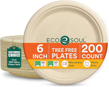 ECO SOUL Compostable Paper Plates 6 Inch (200 Count) Plates for Thanksgiving Dessert, Heavy Duty, Eco-Friendly Sugarcane Bagasse Small Plates For Appetizer- Natural Brown
