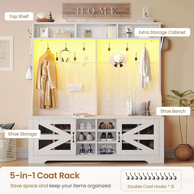 Itaar Hall Tree with Bench and Shoe Storage, 5-in-1 Entryway Bench with Coat Rack, 16 Shoe Cubbies & 12 Coat Hooks, Barn Door & Adjustable Shelf (Embossed White)