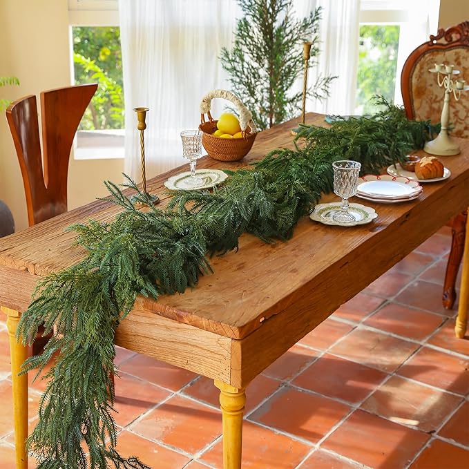Norfolk Pine Garland Artificial Real Touch Green Thick Faux Norfolk Pine & Cedar 6FT Greenery Christmas Decor for Mantle Fireplace Wall Table Railings Indoor Outdoor Xmas Decorations