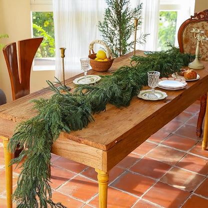 Norfolk Pine Garland Artificial Real Touch Green Thick Faux Norfolk Pine & Cedar 6FT Greenery Christmas Decor for Mantle Fireplace Wall Table Railings Indoor Outdoor Xmas Decorations