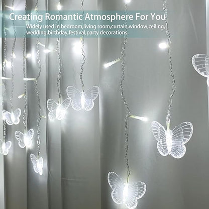 Butterfly Curtain Fairy Lights USB Plug in,120 LED 8 Modes 20FT Firefly Twinkle Icicle String Lights with Remote Timer Waterproof Copper Wire for Bedroom Patio Christmas Wedding Party Dorm(Cool White)