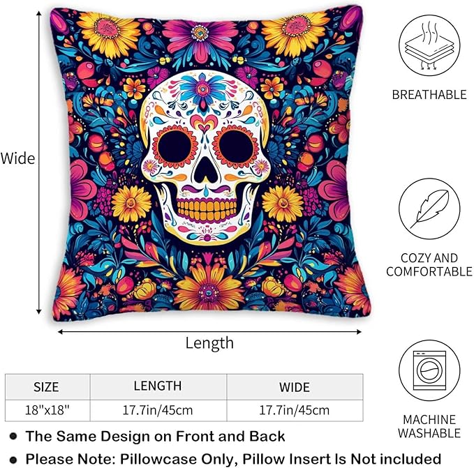 Sugar Skull Pillow Covers 18x18 Set of 2, Day of The Dead Halloween Cushion Cases for Sofa, Couch, Bed and Living Room, Home Decoration for Spring, Summer, Autumn and Winter