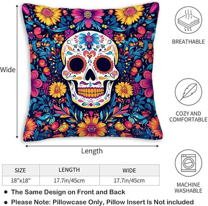 Sugar Skull Pillow Covers 18x18 Set of 2, Day of The Dead Halloween Cushion Cases for Sofa, Couch, Bed and Living Room, Home Decoration for Spring, Summer, Autumn and Winter