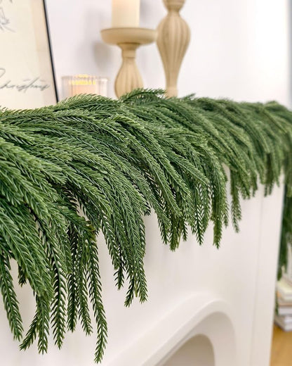6ft Christmas Garland with Lights,Thick Norfolk Pine Garland, Realistic Green Garlands for Mantle, Stair Railing, Battery Operated Indoor/Outdoor New Year Holiday Decoration with Timer