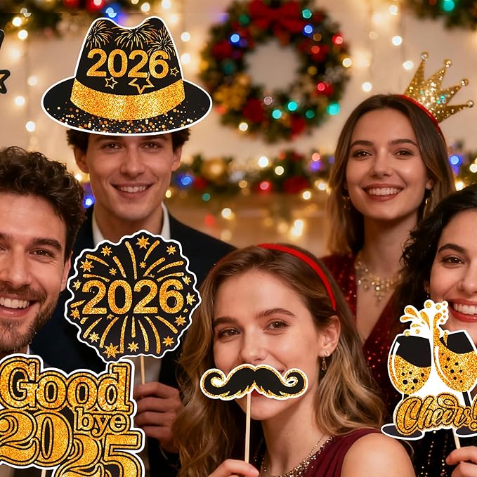 31 Pcs New Year Eve Photo Booth Props, Happy New Year 2026 New Years Decorations 2026, Black Gold Photo Booth Props Kit for New Years Eve Party Supplies 2026 Photo Props with Photo Frame Hats Glasses