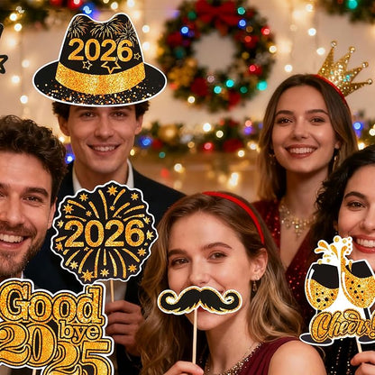 31 Pcs New Year Eve Photo Booth Props, Happy New Year 2026 New Years Decorations 2026, Black Gold Photo Booth Props Kit for New Years Eve Party Supplies 2026 Photo Props with Photo Frame Hats Glasses
