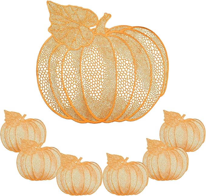Fall Pumpkin Placemats, Set of 6 Halloween Thanksgiving Placemats, Autumn Harvest Place Mats Home Table Decorations, Orange