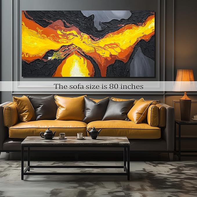 GUGIKA Large Abstract Wall Art for Living Room, Hand Painted 3D Textured Magma Paintings, Black and Gold Yellow Volcanic Lava Canvas Wall-Decor for Bedroom, Size 72x36 Inches