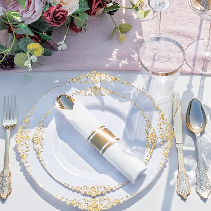 Nervure 700PCS Gold Plastic Plates - Gold Plastic Dinnerware Sets for 100 Guests - 200 Disposable Plates, 300 Silverware, 100 Cups, 100 Napkins for Wedding & Party & Thanksgiving