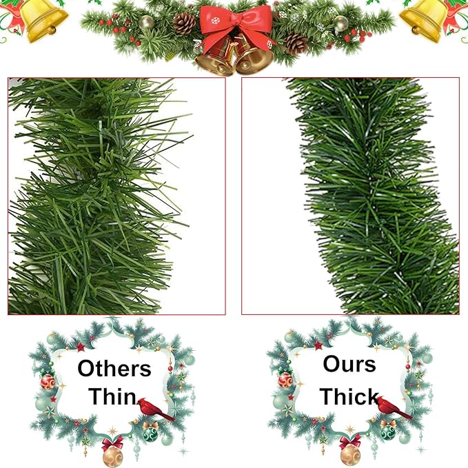 50 Foot Soft Christmas Garland, Non-lit Christmas Garland Ideal for Indoor and Outdoor Decor, Green Tinsel Garland for Holiday Wedding Party Decoration